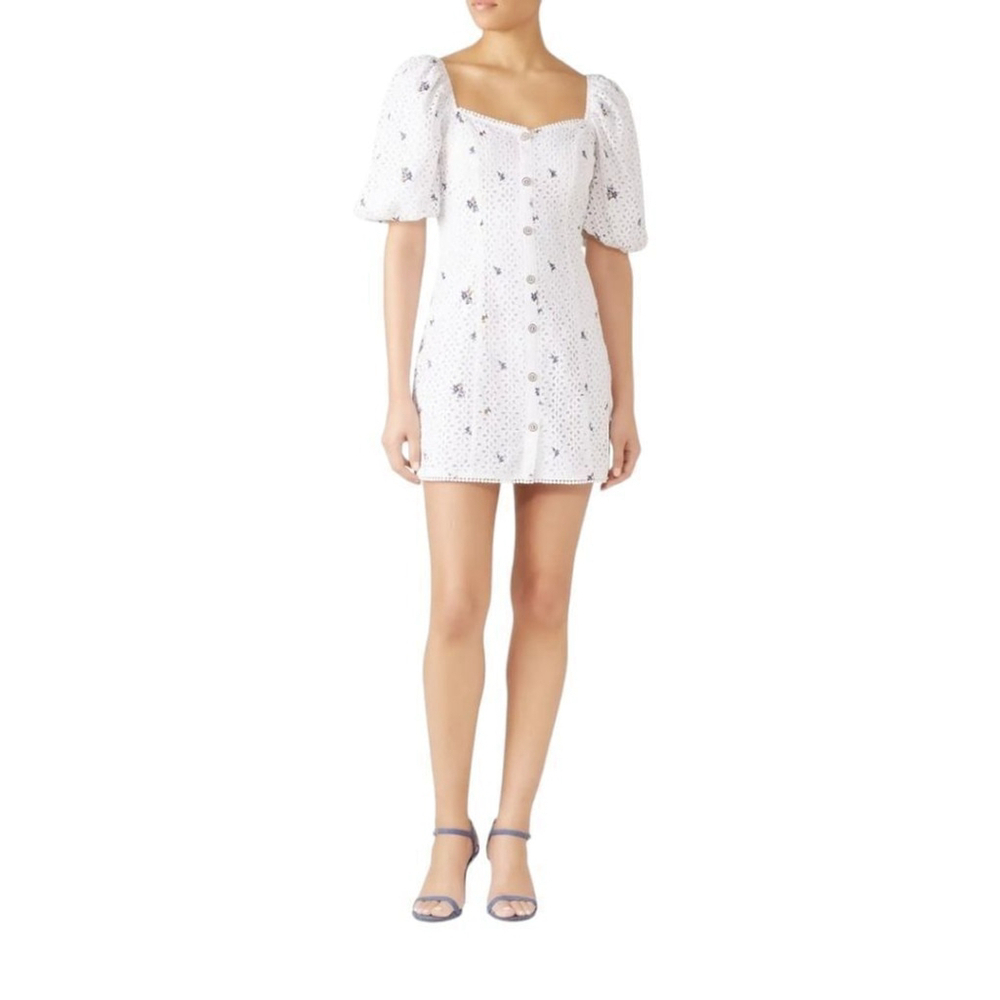 SAYLOR Puffed Sleeve Eyelet Button Front Dress Sz M Lined Embroidered Floral
